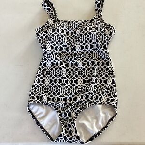 Lands' End Black and White Geometric One-Piece Swimsuit